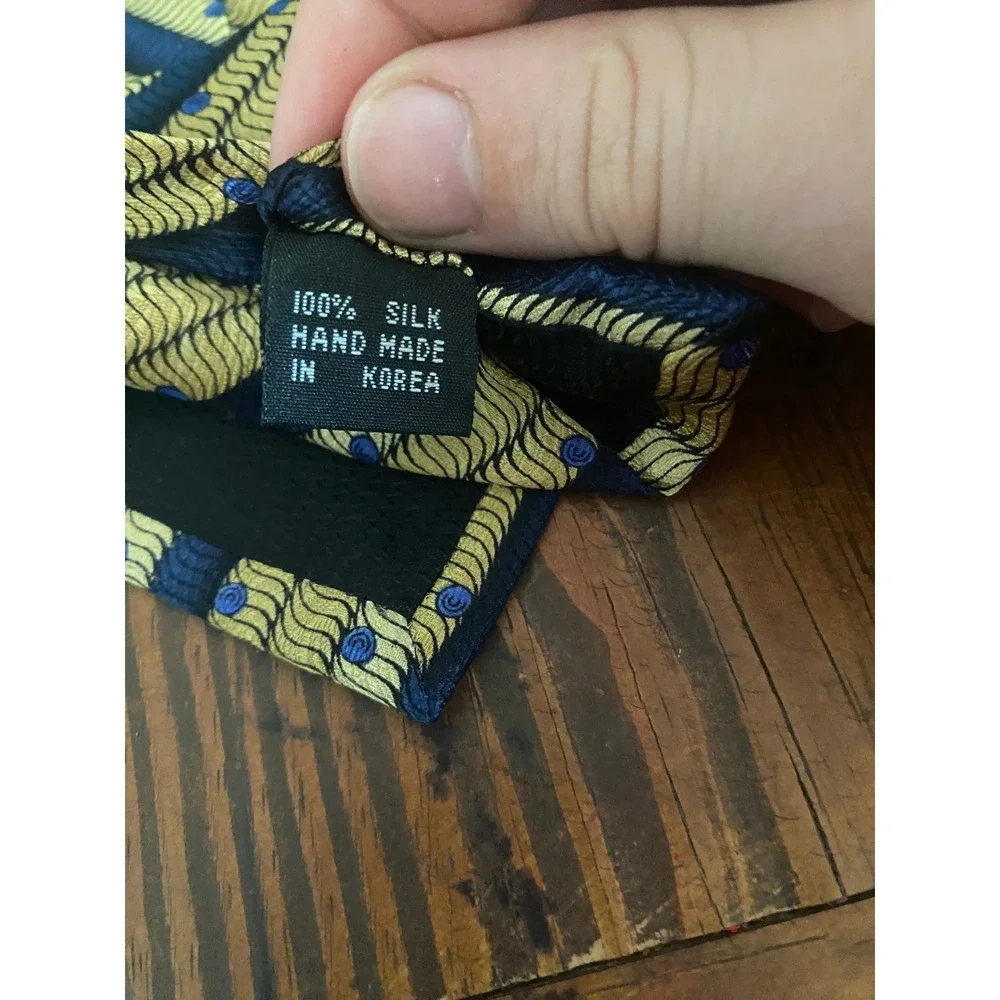 Irvine Park Mens Silk Necktie Navy Blue Gold Diagonal Stripe Swirl‎ Dot Handmade